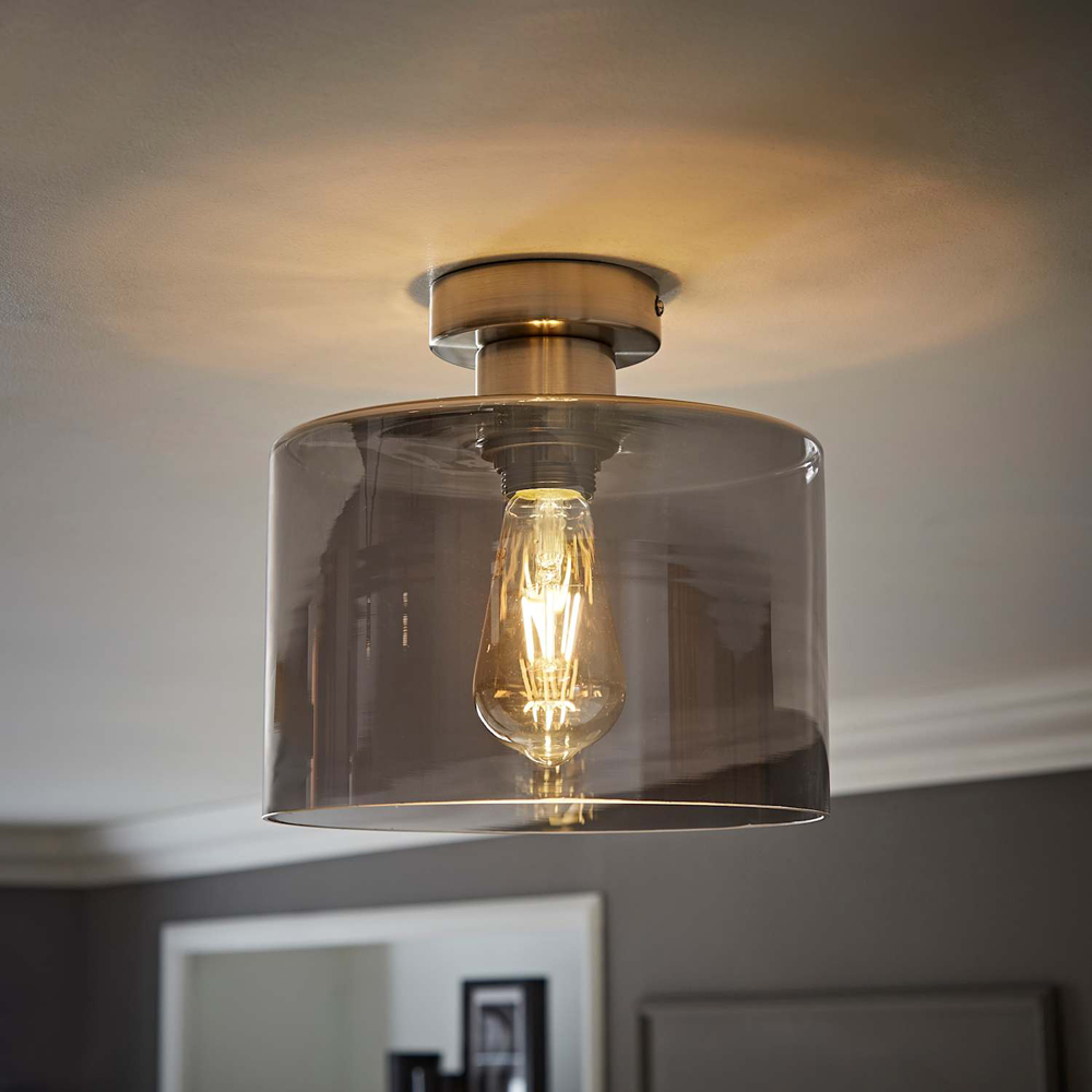 ValueLights Demi Smoked Glass Shade Brushed Chrome Flush Ceiling Light with Bulb Image 2