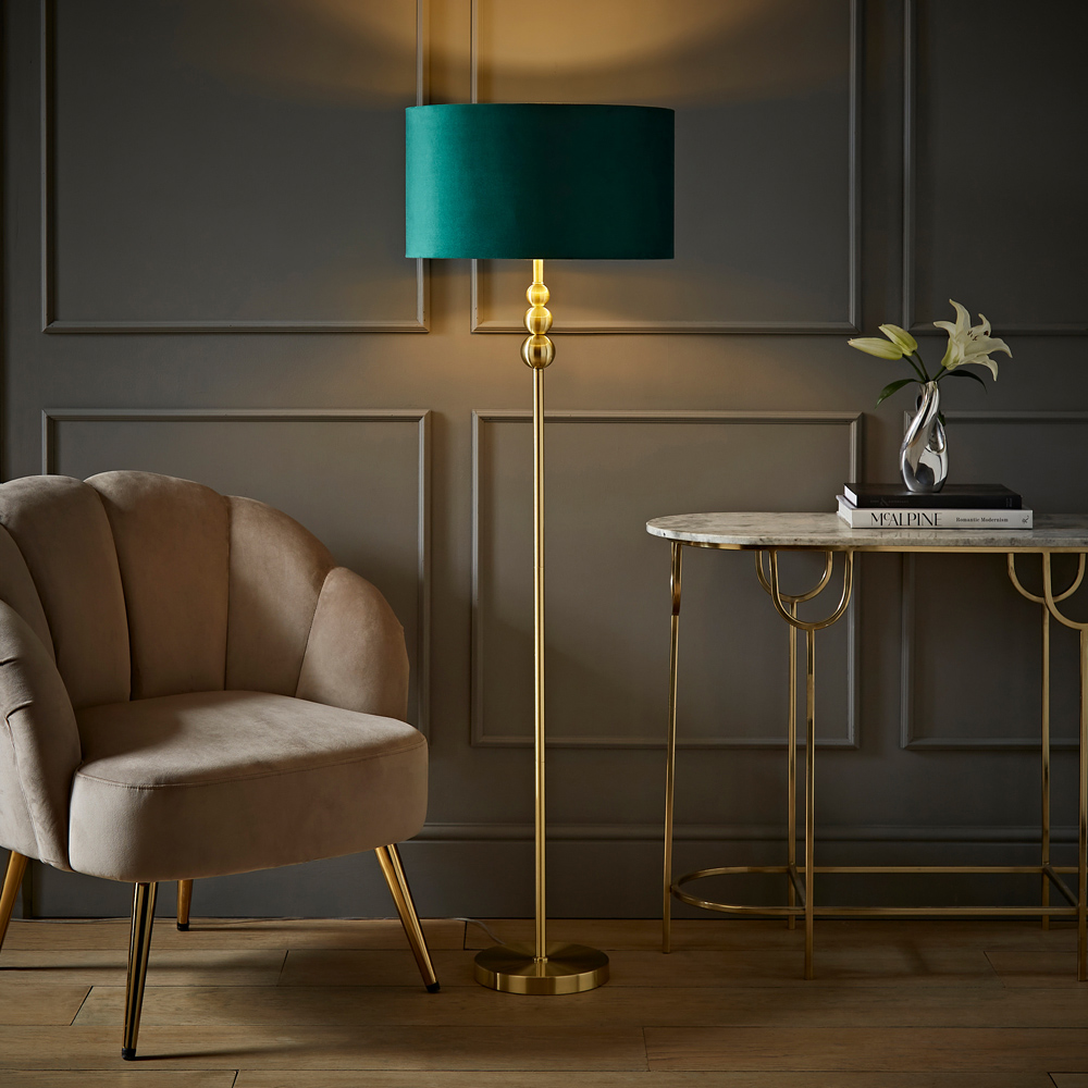 ValueLight Marissa Forest Green Velvet Gold Inner Shade Gold Stacked Ball LED Floor Lamp Image 2