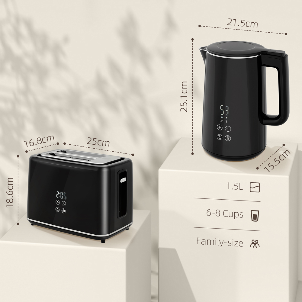 HOMCOM 800-211V70BK Black 1.5L Fast Boil Electric Kettle 3000W and 2 Slice Toaster Set Image 9
