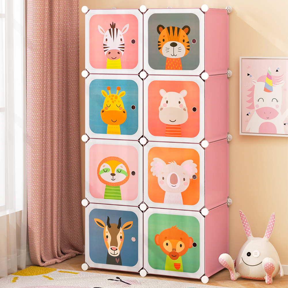 Costway 8 Cube Pink Portable Kids Wardrobe with Hanging Section Image 1