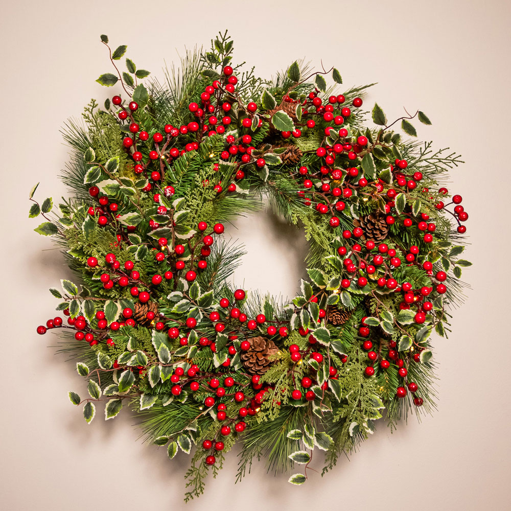 The Christmas Centre 50 Warm White LED Pre-Lit Holly berry Wreath with Red Berries and Pinecones 66cm Image 2