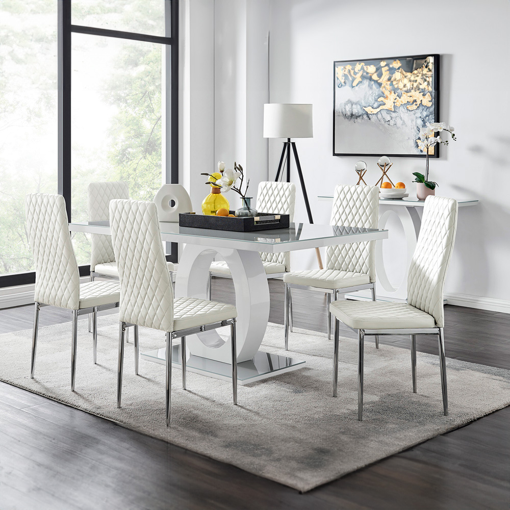 Furniturebox Lucia Valera 6 Seater Dining Set Grey Gloss White and Chrome Image 1