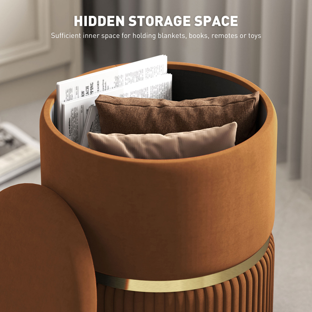 HOMCOM Brown Velvet Feel Round Pouffe Image 5