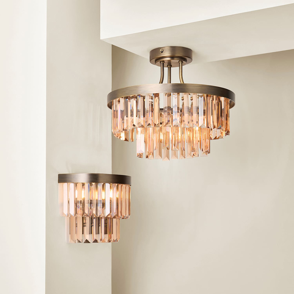 ValueLights Pemberley 2-Tier Brushed Brass Acrylic Jewel Chandelier Ceiling Light with Bulb Image 6