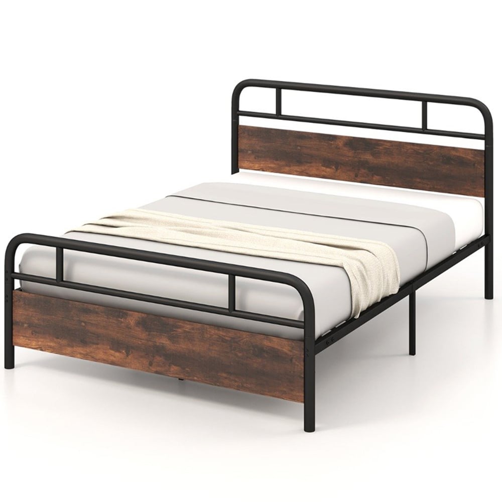 Costway King Size Rustic Brown and Black Bed Frame Image 2