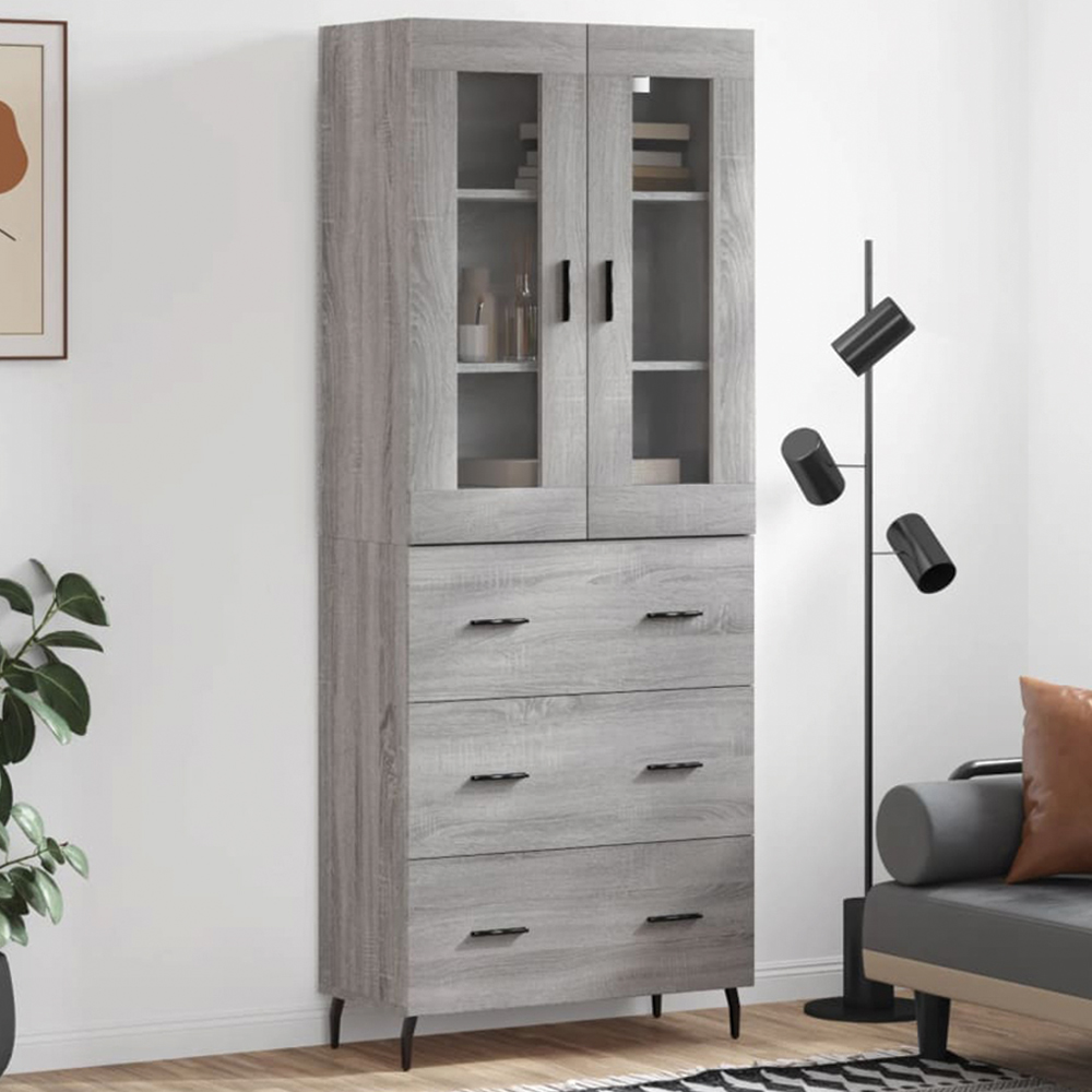 vidaXL 2 Glass Door 3 Drawer Grey Sonoma Highboard Image 1