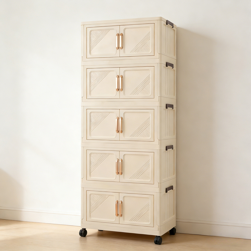 Living and Home 5-Tier Cream Foldable Storage Cabinet with Castors Image 7