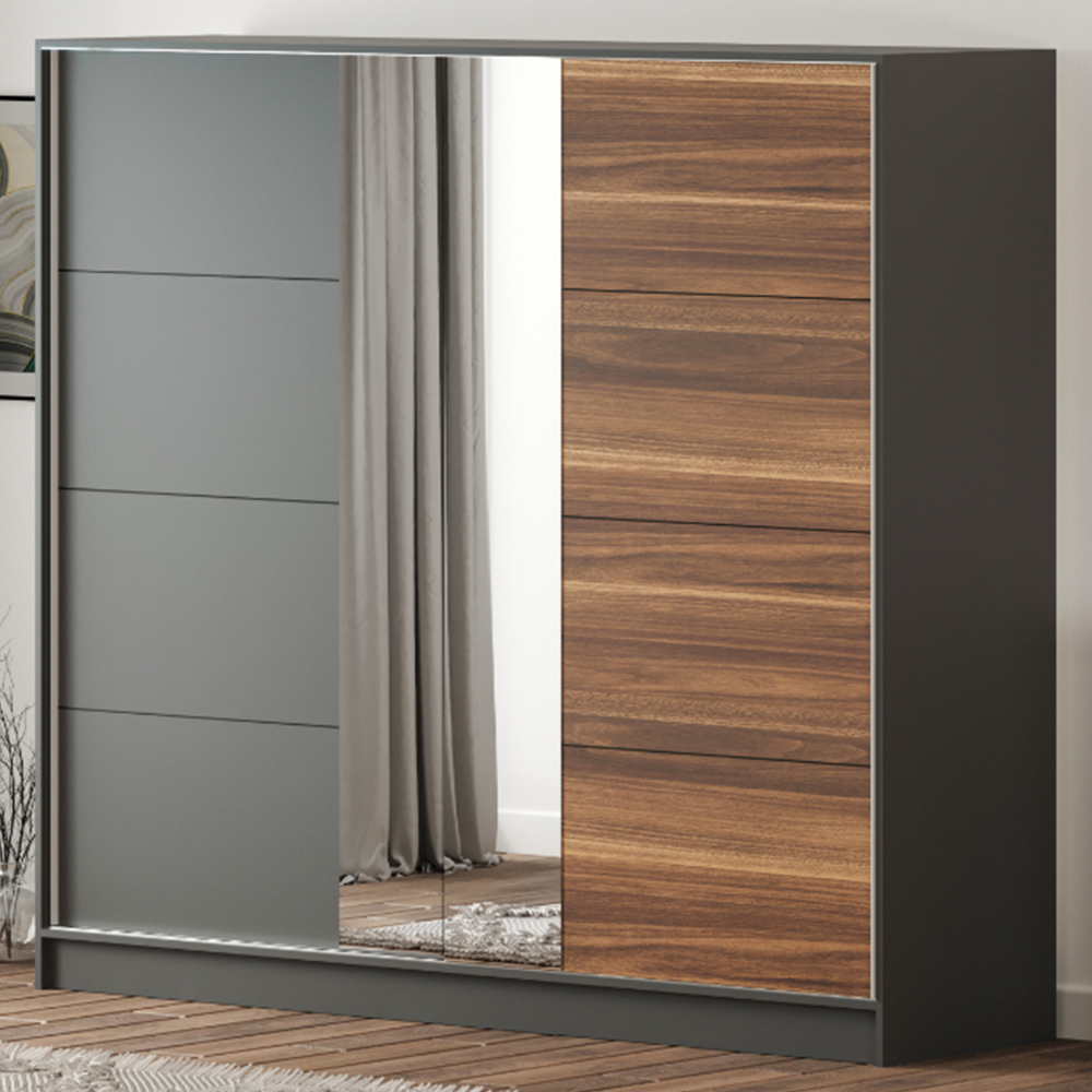 Evu MILANO XL Sliding Door Walnut and Anthracite Mirrored Wardrobe Image 1