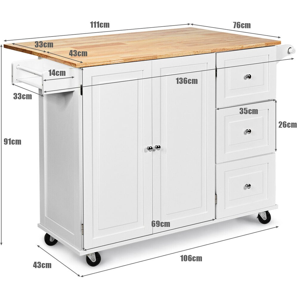 Costway 3 Drawer and 2 Door White Kitchen Island Cart on Wheels Image 9