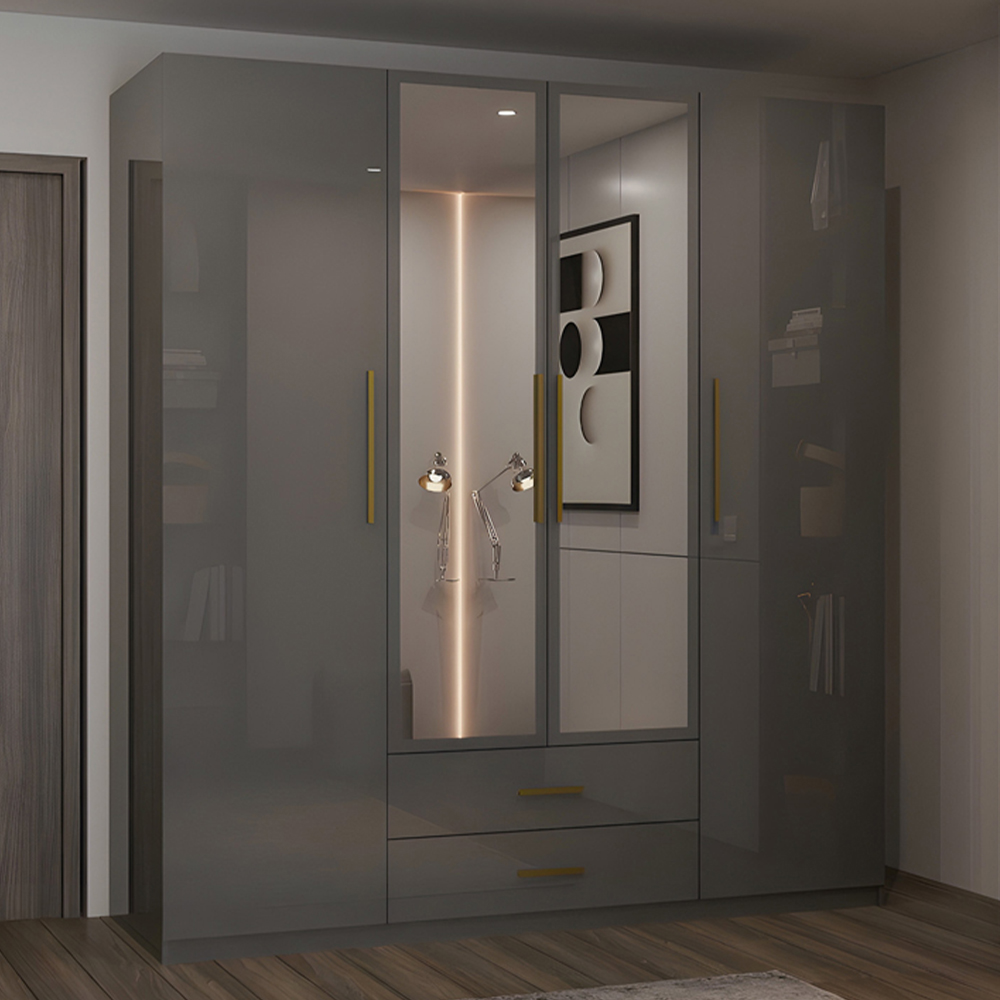 M N Furniture Glossera 4 Door 2 Drawer Grey High Gloss Mirrored Wardrobe 160cm Image 1