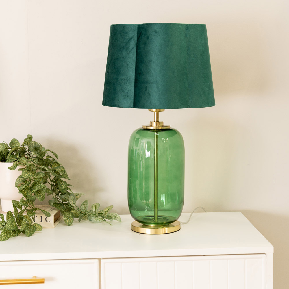 ValueLights Leigh Green Velvet Scallop Shade Forest Green Glass LED Table Lamp Image 3