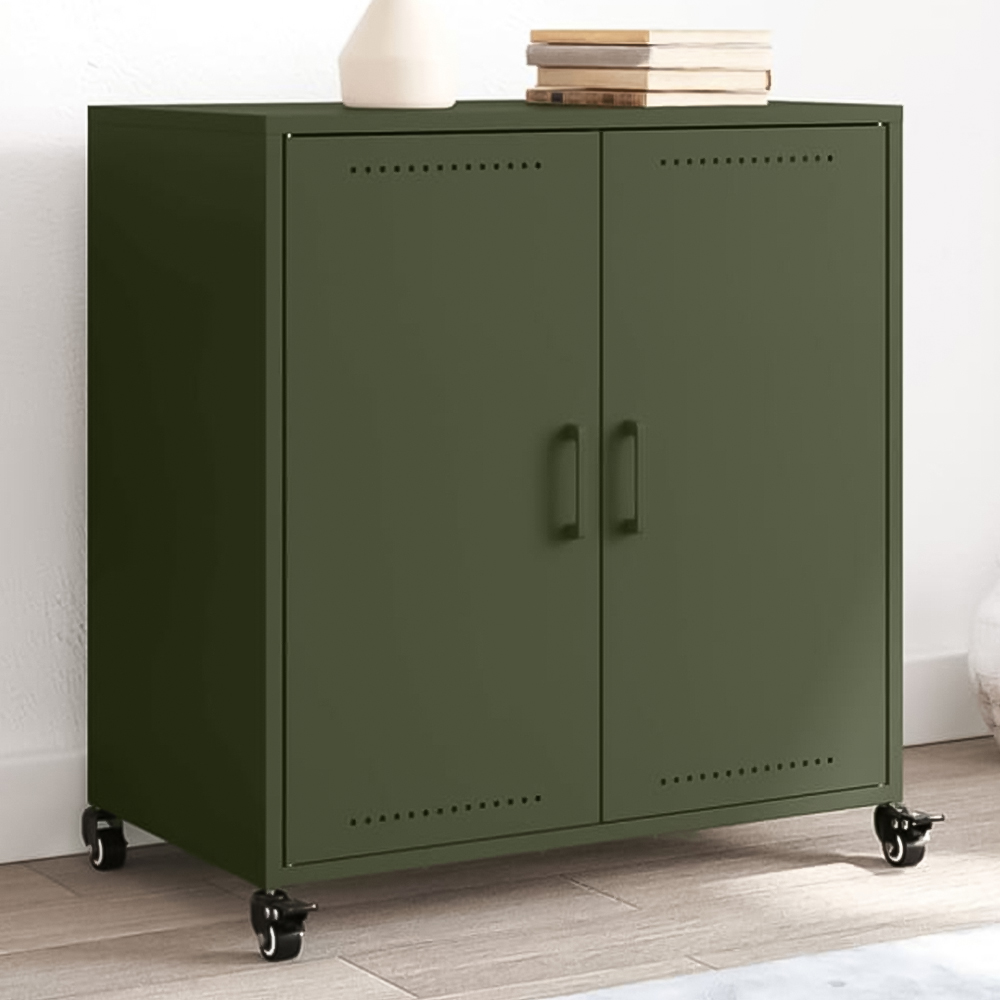vidaXL 2 Door Olive Green Metal Sideboard with Wheels Image 1
