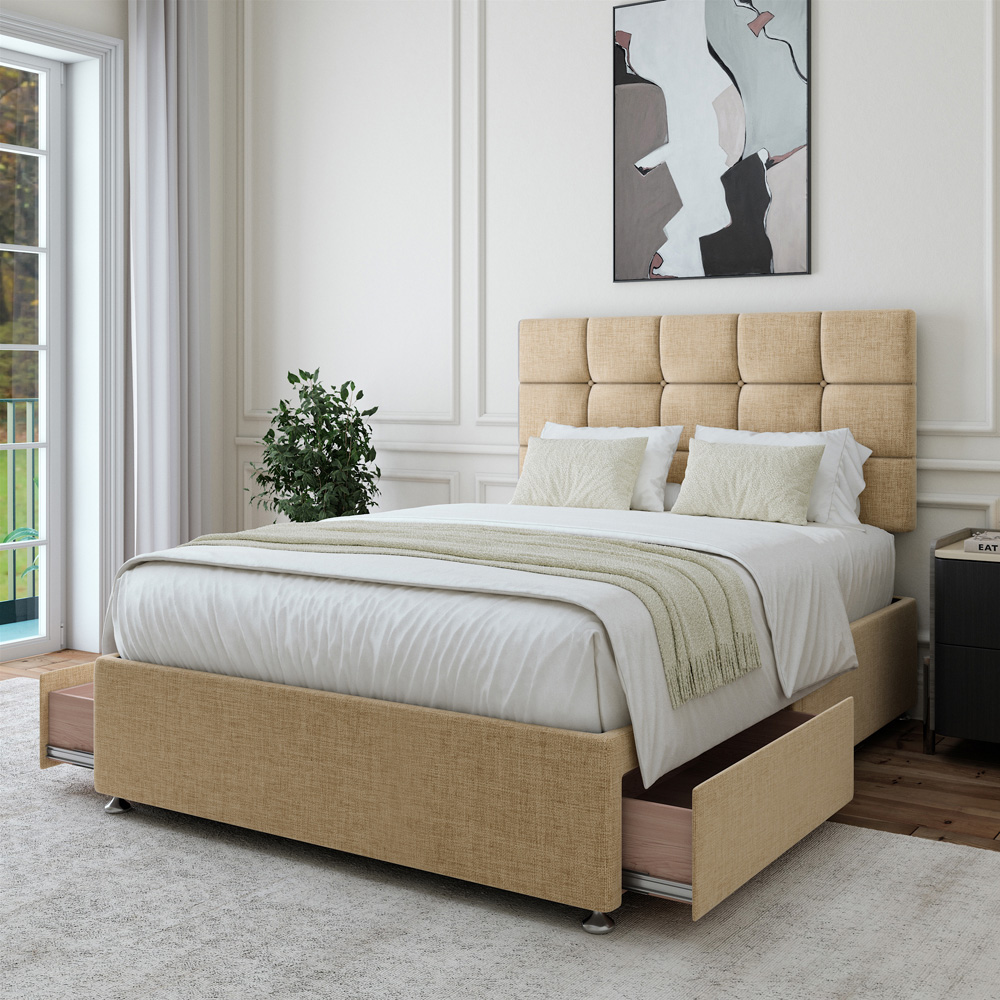 Bedmaster King Size Cream Linen 2 Drawer Divan Base with Pearl Headboard Image 2