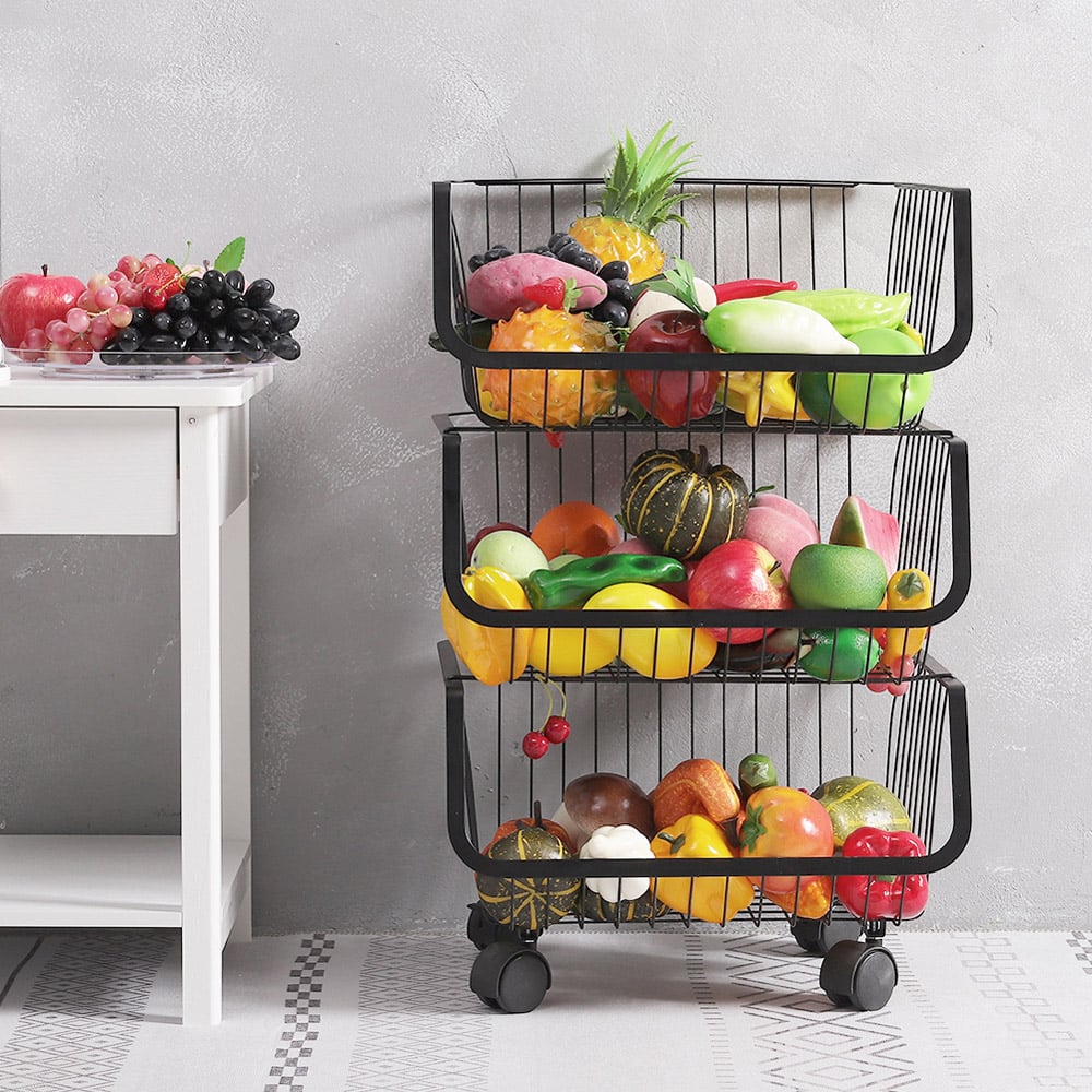 Living and Home Black Set of 3 Stackable Rolling Metal Wire Basket Trolley Image 6