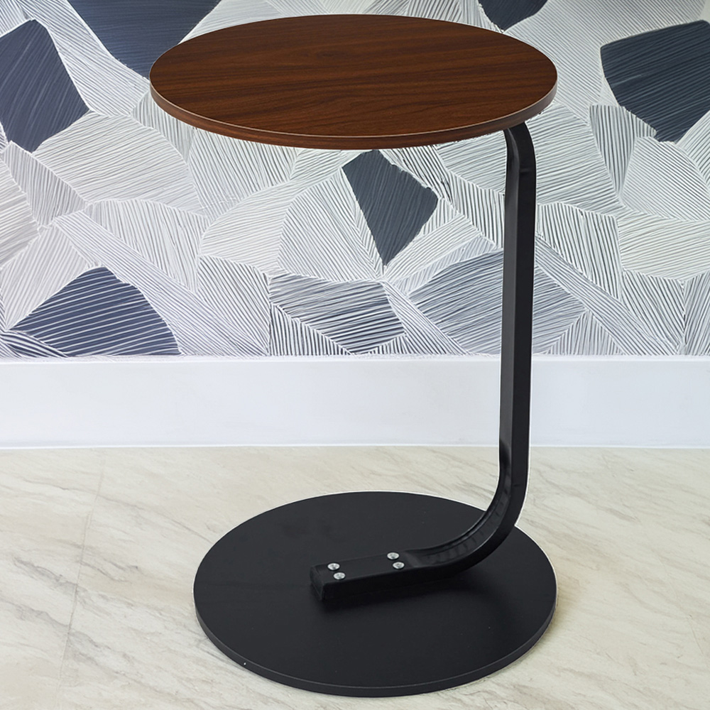 Living and Home Walnut and Black C-Shape Round Side Table Image 1