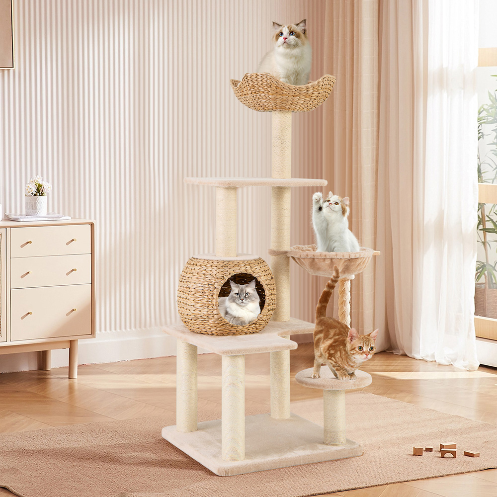 Costway Beige Multi Level Cat Tree with Cattail Condo 150cm Image 2