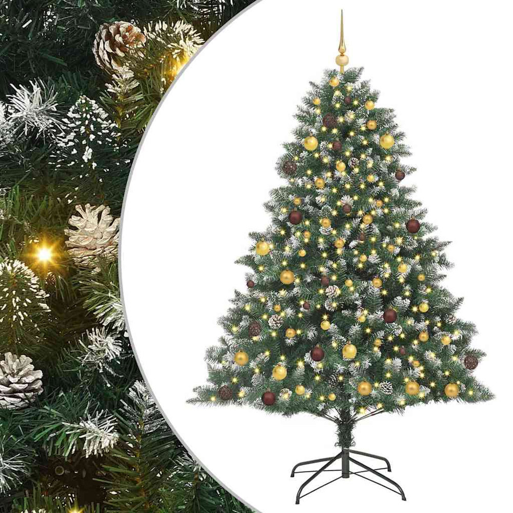 vidaXL Pre-Lit Gold and Bronze Baubles Green Artificial Snow Tipped Christmas Tree 7ft Image 2