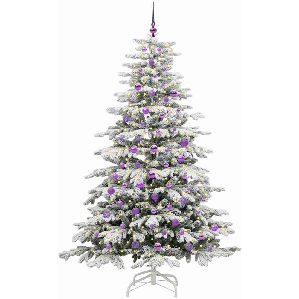 vidaXL Pre-Lit Lilac Baubles White Artificial Snow Flocked Christmas Tree 7ft Image 1