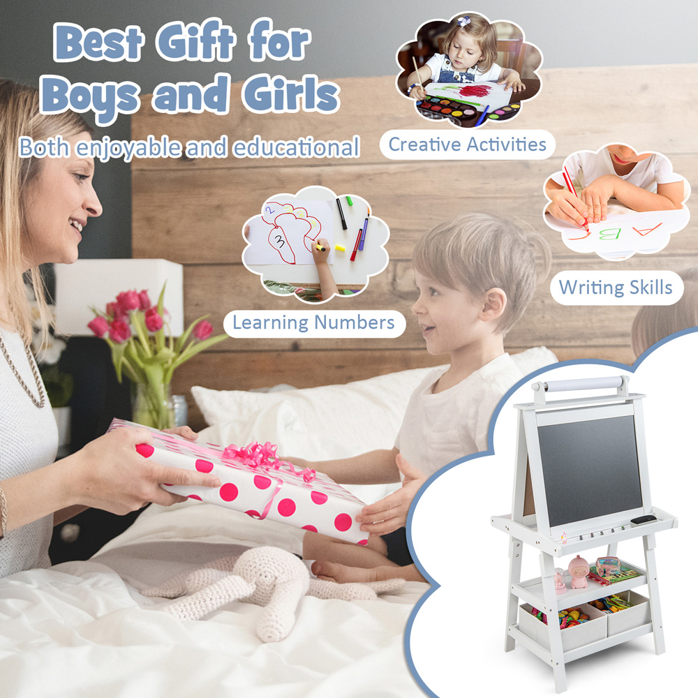 Costway Kids White Double Sided Art Easel with Paper Roll Image 6