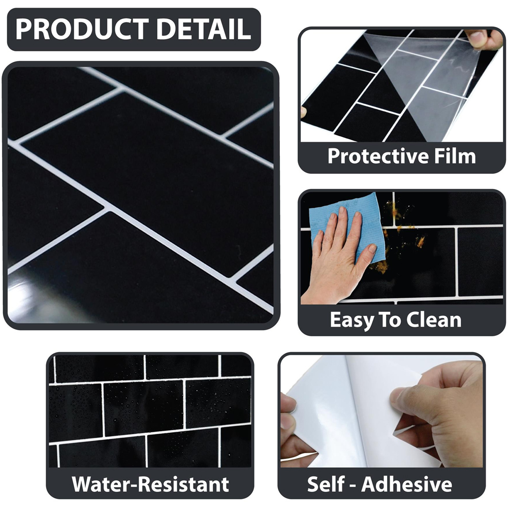 Wallplus Black Mosaic Wall Tile Sticker 15.4 x 30.5 cm 12 Pack Image 8