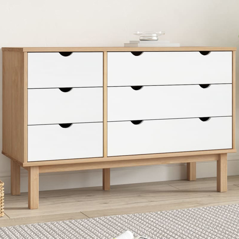 vidaXL Otta 6 Drawer Brown and White Solid Wood Pine Storage Cabinet Image 1