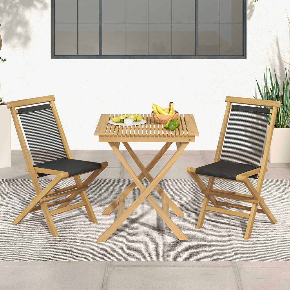 Costway Set of 2 Woven Teak Wood Foldable Garden Dining Chairs Image 1