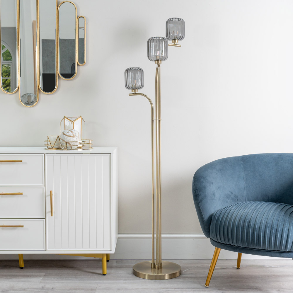 ValueLights Amelie 3 Way Ribbed Glass Gold Stem LED Floor Lamp Image 3