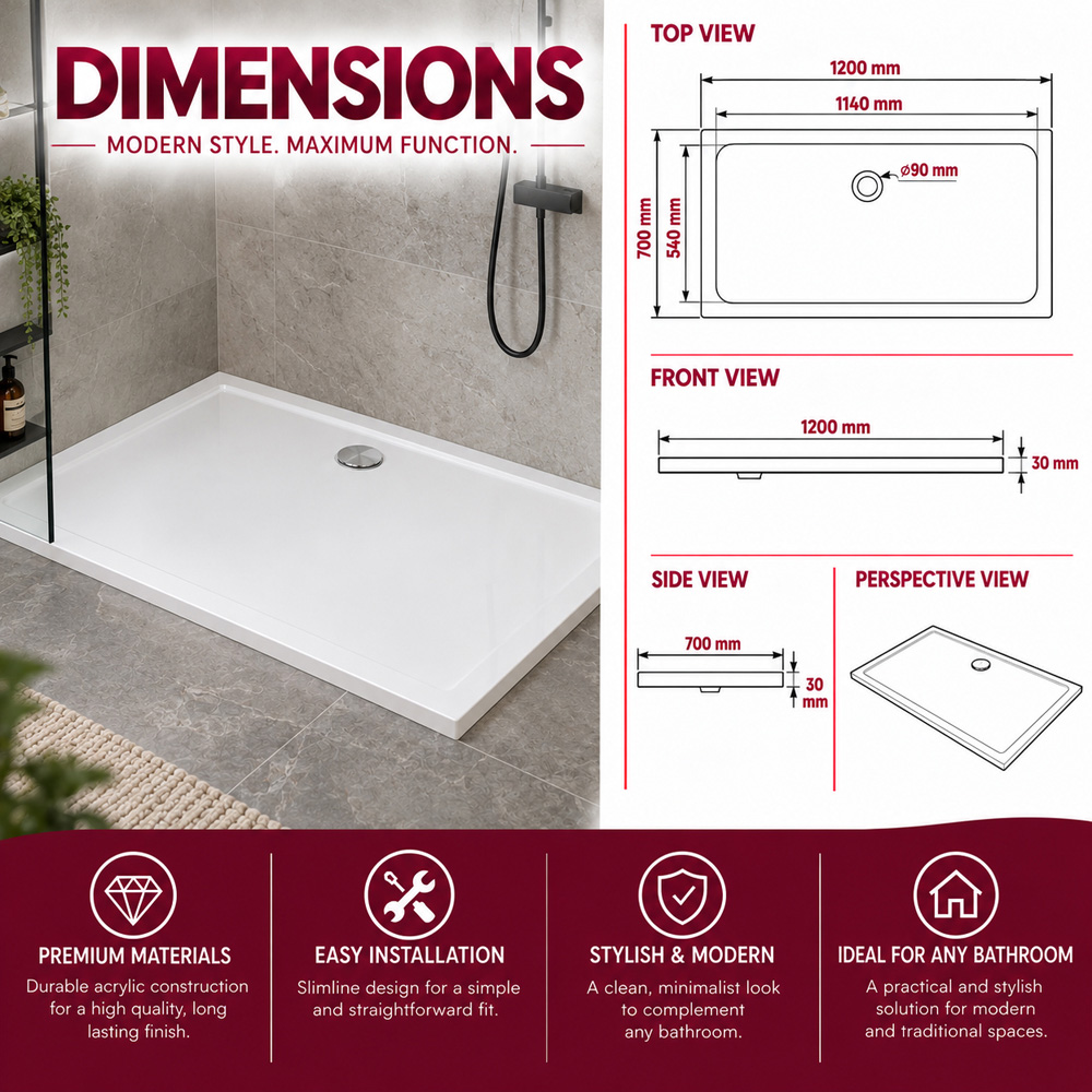 Go Bathrooms Delton White Low Profile Rectangular Shower Tray 1200 x 700mm Image 6
