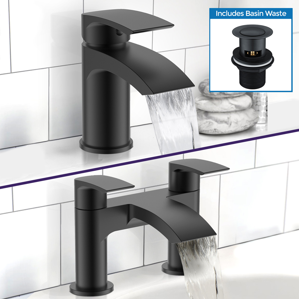 Nes Home Libra Matte Black Round Basin Tap and Bath Filler with Waste Set Image 2