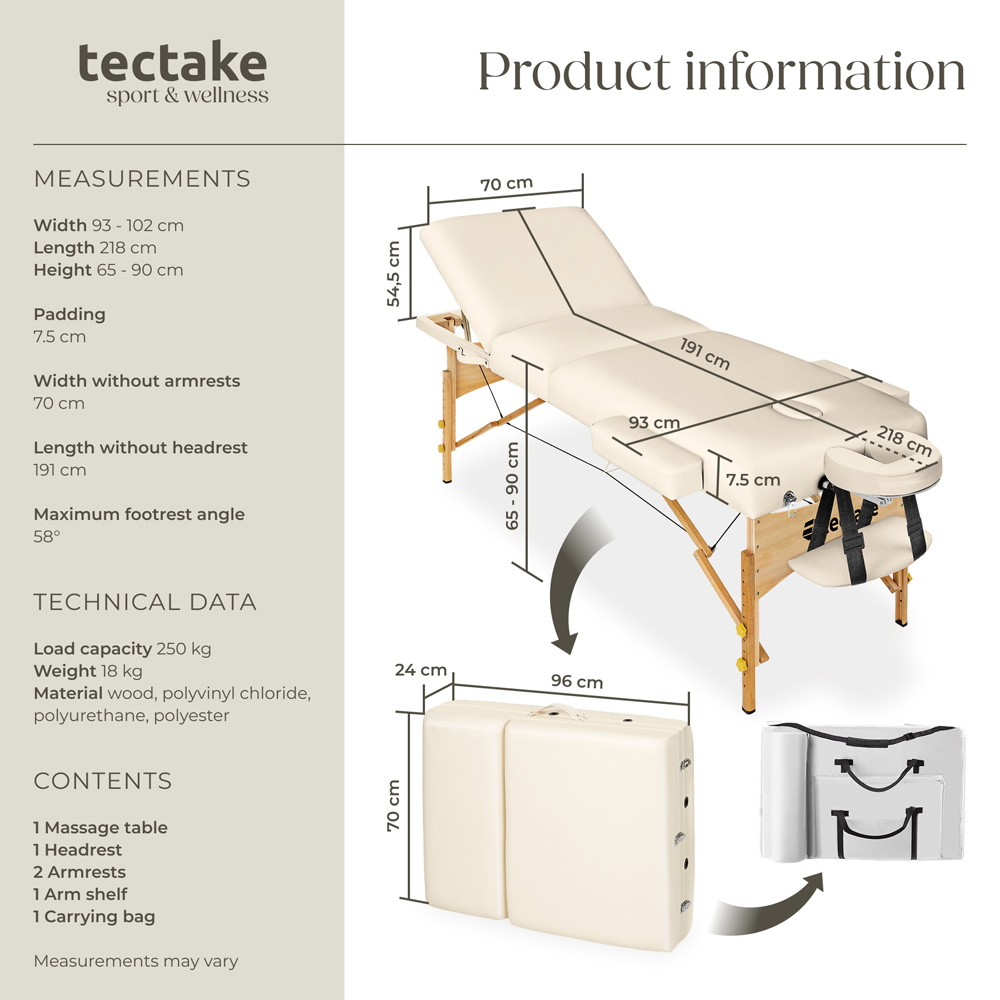 tectake Beige 3 Zone Portable Adjustable Massage Table with Headrest Armrests and Carry Bag Image 9