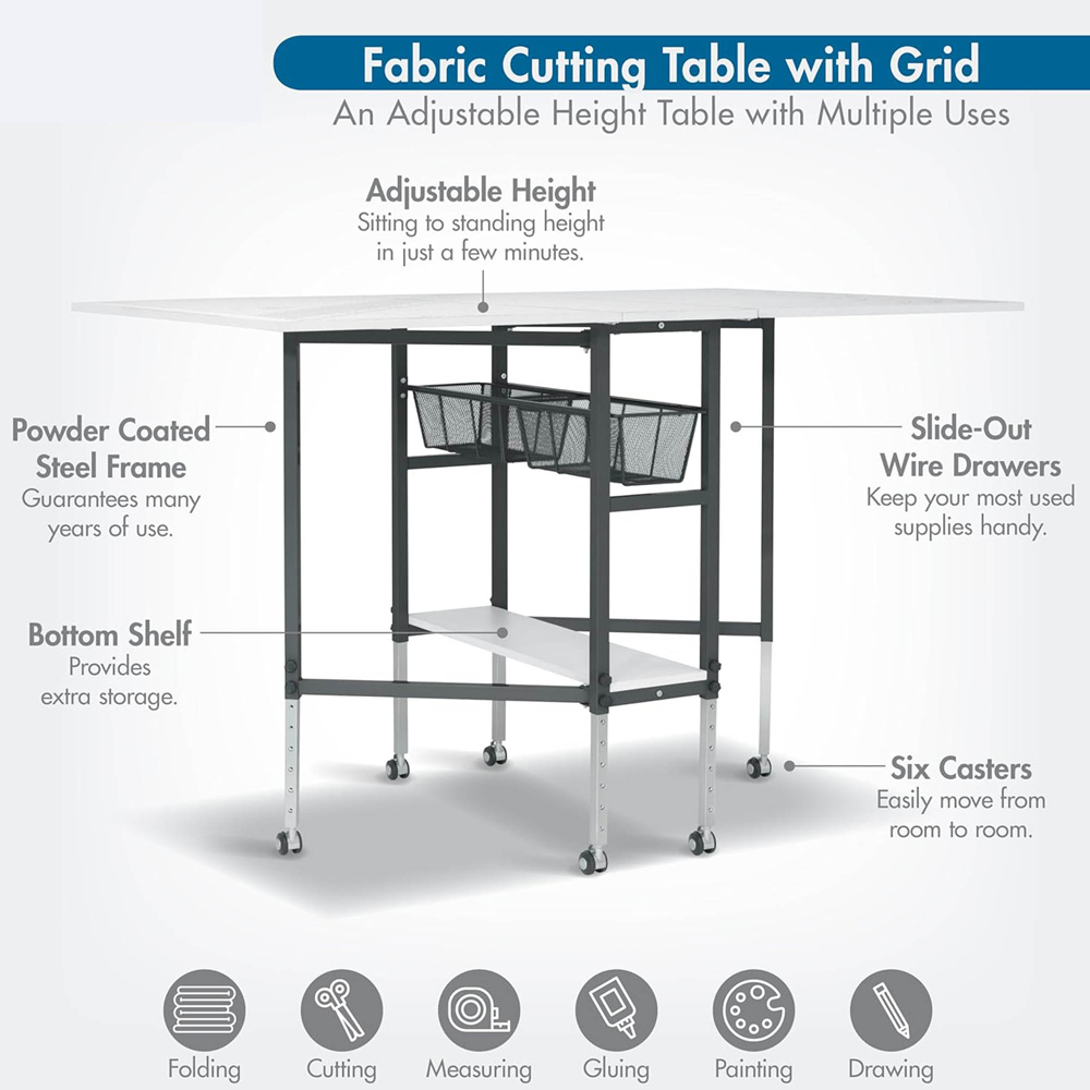 Sewing Online 13385 Black and White Adjustable Fabric Cutting Table with Grid and Storage Image 7