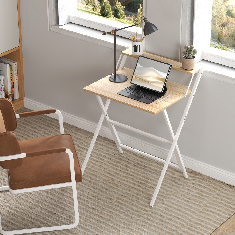 HOMCOM 2 Shelf Foldable Computer Desk Natural Image 7