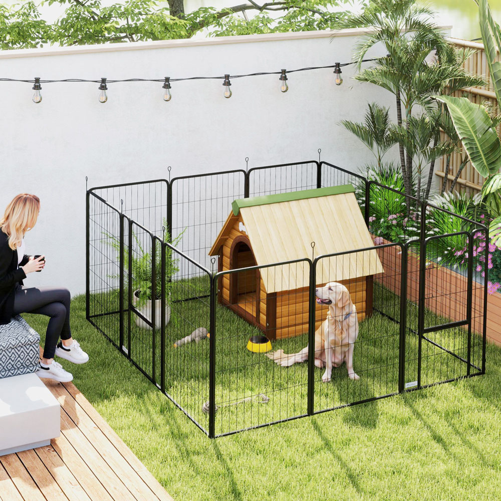 PawHut 12 Panel Black Dog Pen 100cm Image 2