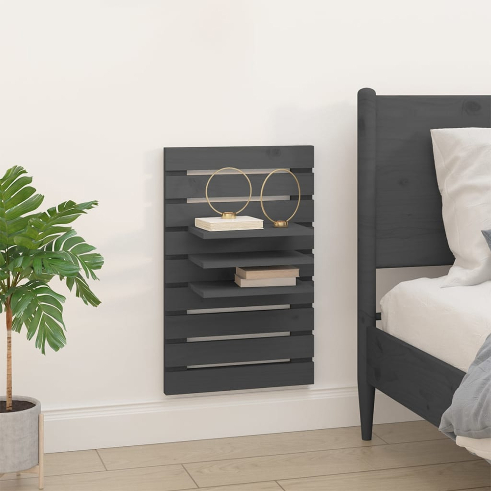 vidaXL Grey Solid Pine Wooden Wall Mounted Bedside Table 2 Pack Image 8