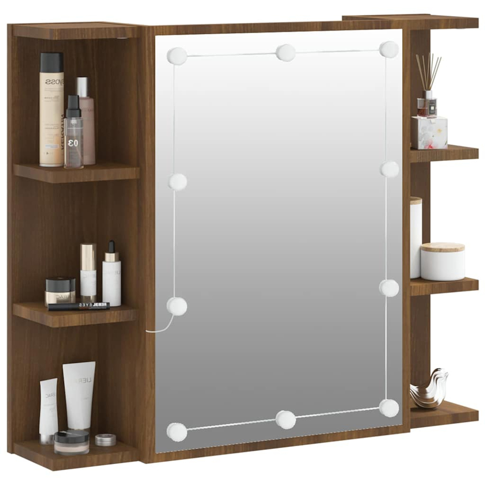 vidaXL Single Door 6 Open Shelf Brown Oak LED Mirror Bathroom Cabinet Image 3