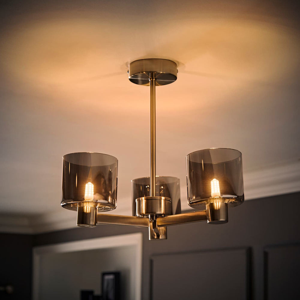ValueLights Demi 3 Arm Smoked Glass Shade Brushed Chrome Chandelier Ceiling Light with Bulb Image 6