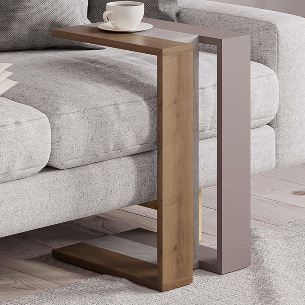 Decortie Muju Mocha Grey Oak and Gold Marble Effect Modern C Shaped Side Table Image 1