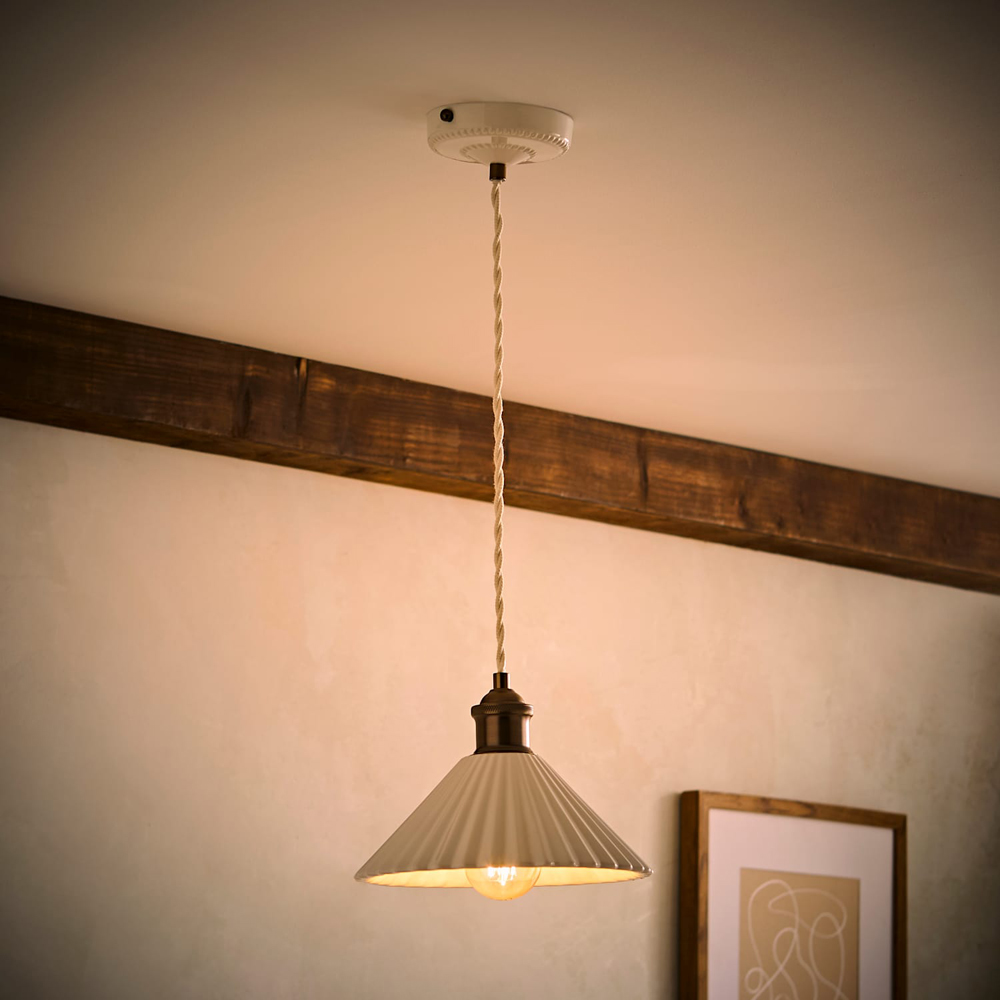 ValueLights Burford White Ribbed Ceramic Shade LED Ceiling Pendant Light with Bulb Image 2