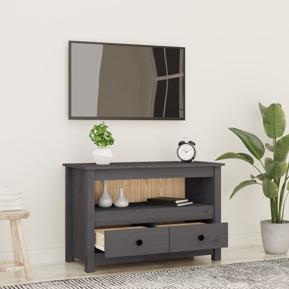vidaXL 2 Drawer Single Shelf Grey Solid Pine Wood TV Cabinet Image 8