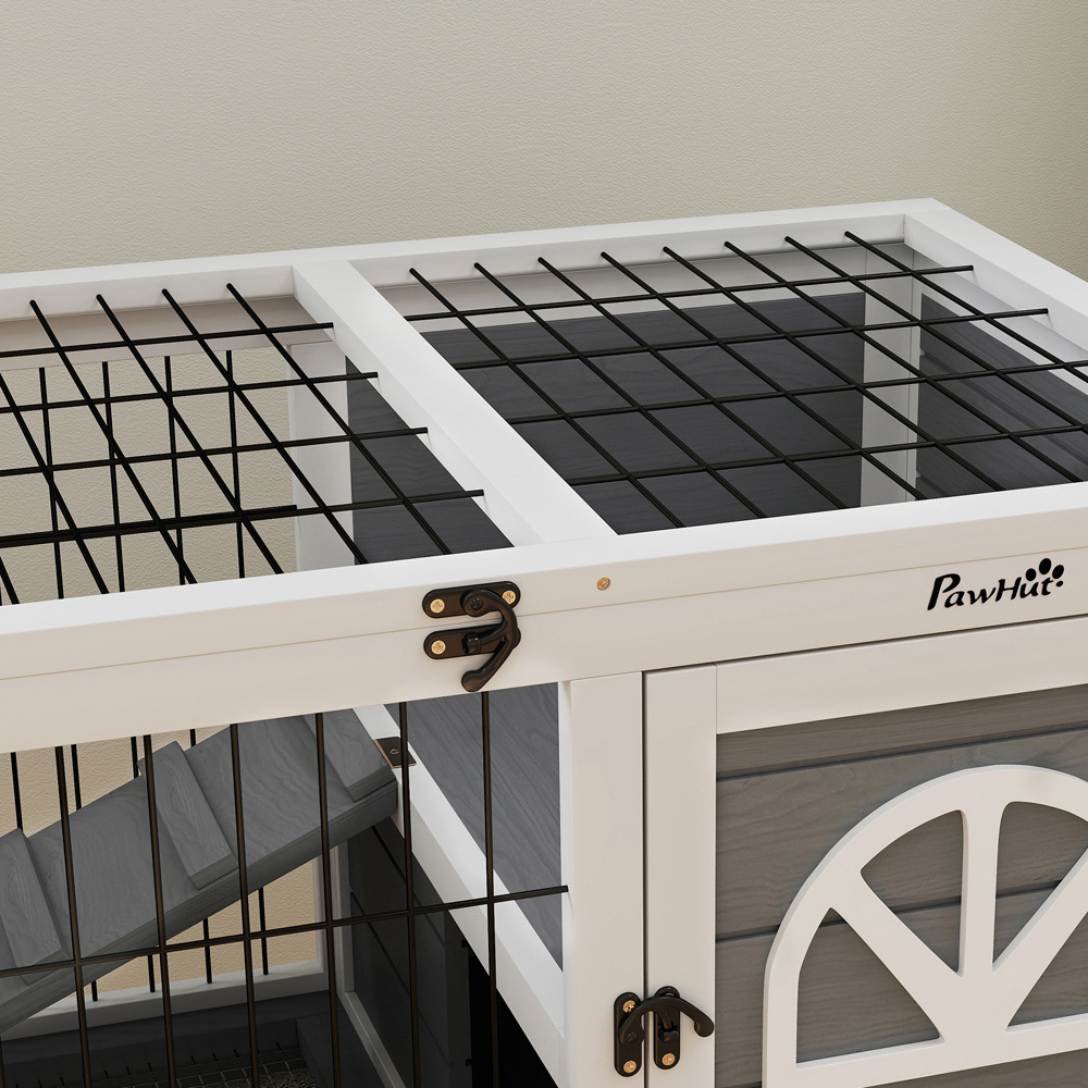 PawHut White and Grey Small Animal Pet Hutch with Openable Roof Image 4
