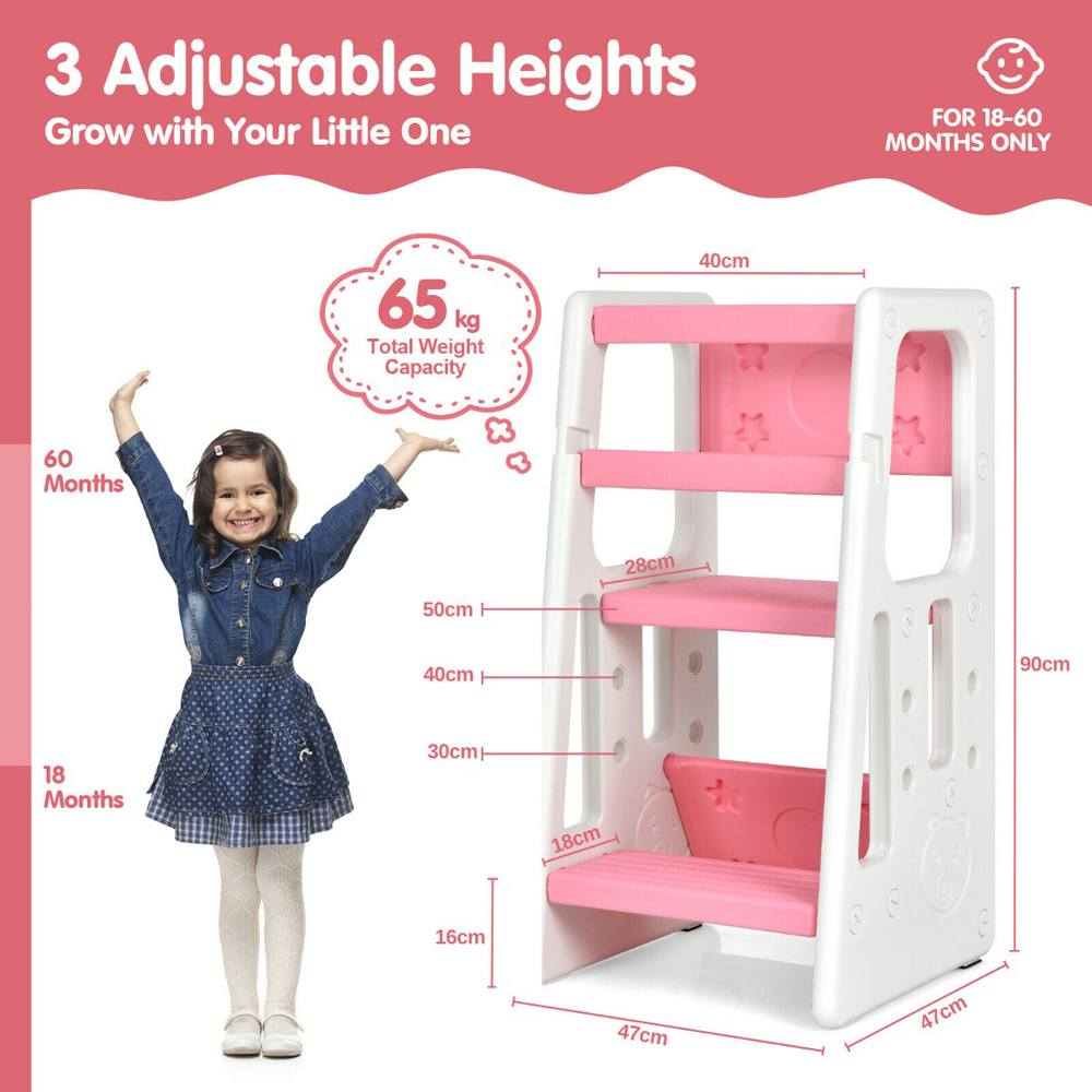 Costway Kids Pink Kitchen Step Stool with Safety Rails Image 9