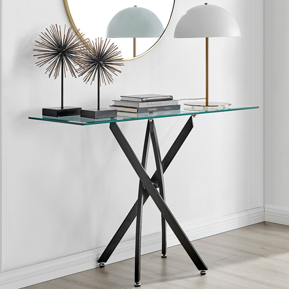 Furniturebox Tavolo Matte Black and Clear Tempered Glass Console Table Image 1