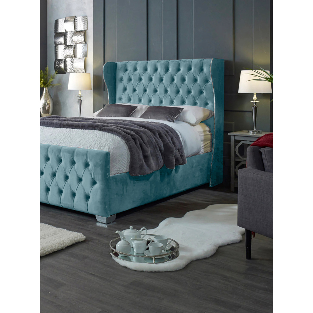 Eleganza Home Colleen Double Duck Egg Plush Velvet Bed Frame with Chesterfield Headboard Image 2