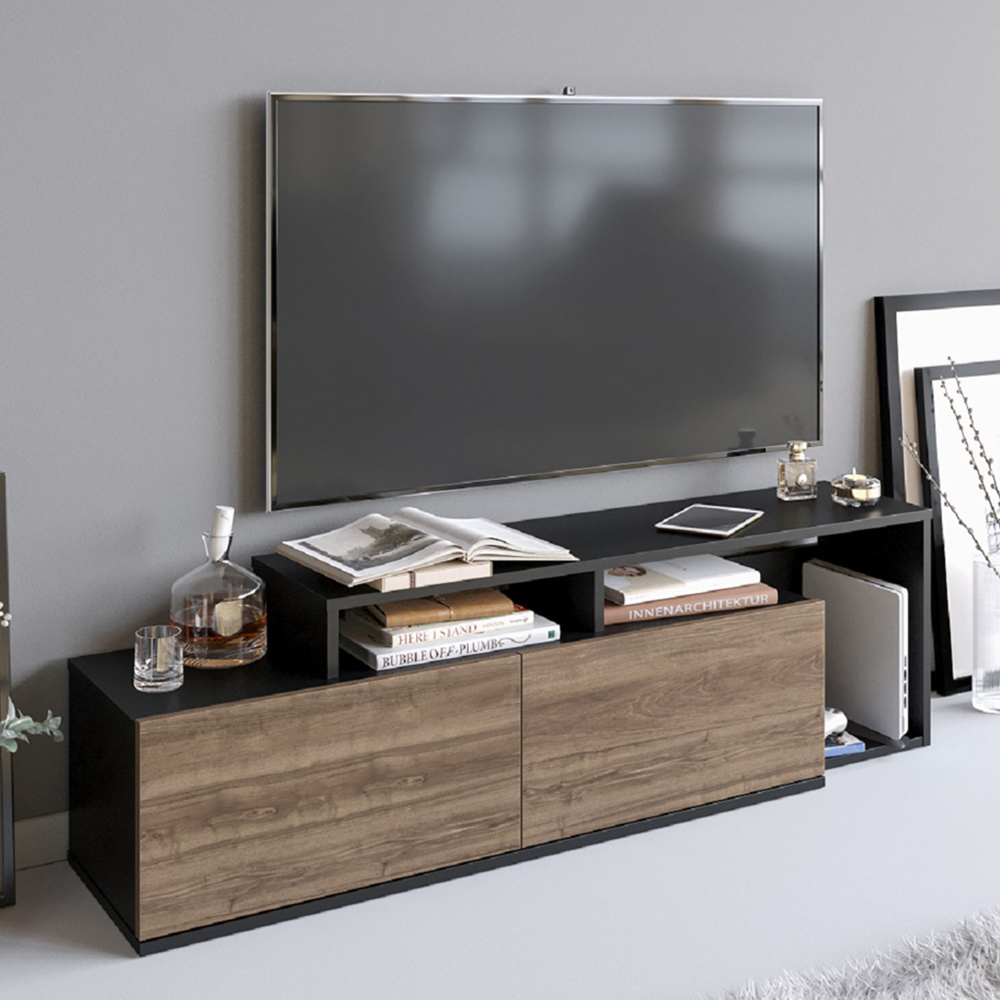 Decorotika Nexera 2 Door Black and Walnut Wide TV Stand Image 1