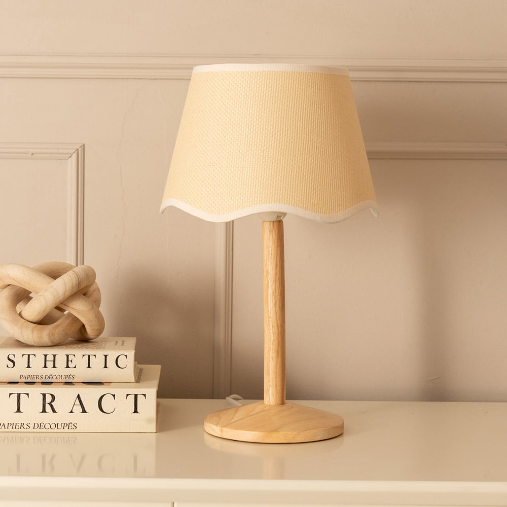 ValueLights Triston Scallop White Edge Shade Natural Light Wood Stem LED Table Lamp Image 3