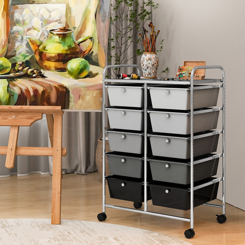 Costway 10 Drawer Black and Grey Storage Rolling Cart Image 2