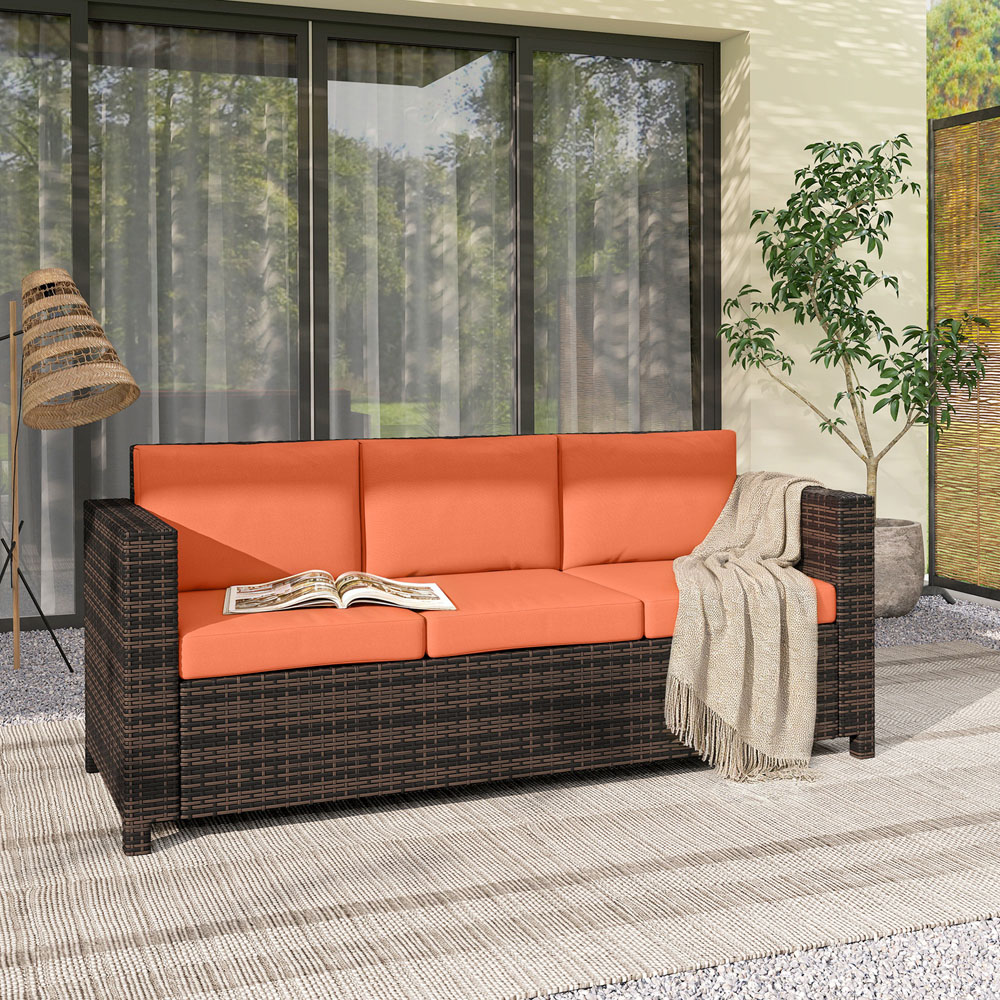Outsunny 3 Seater Orange PE Rattan Garden Sofa Image 4