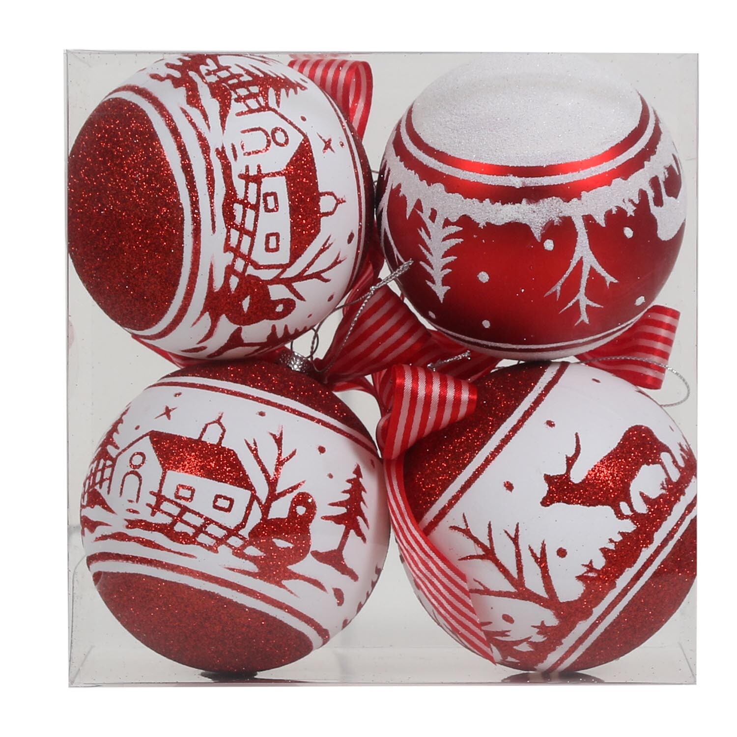 Pack of 4 Red & White Xmas Scene Baubles - Red Image
