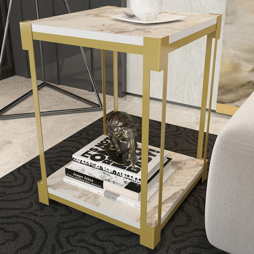 Decorotika Zenas Single Shelf White Marble Effect and Gold Metal Industrial Nightstand Image 1