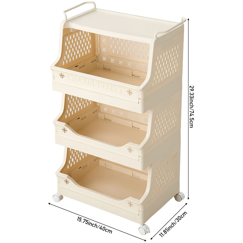 Living and Home 4-Tier Cream Foldable Plastic Storage Trolley Cart with Handles Image 8